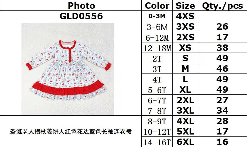 rts no moq GLD0556 Santa Claus Cane Gingerbread Man Red Lace Blue Long Sleeve Dress