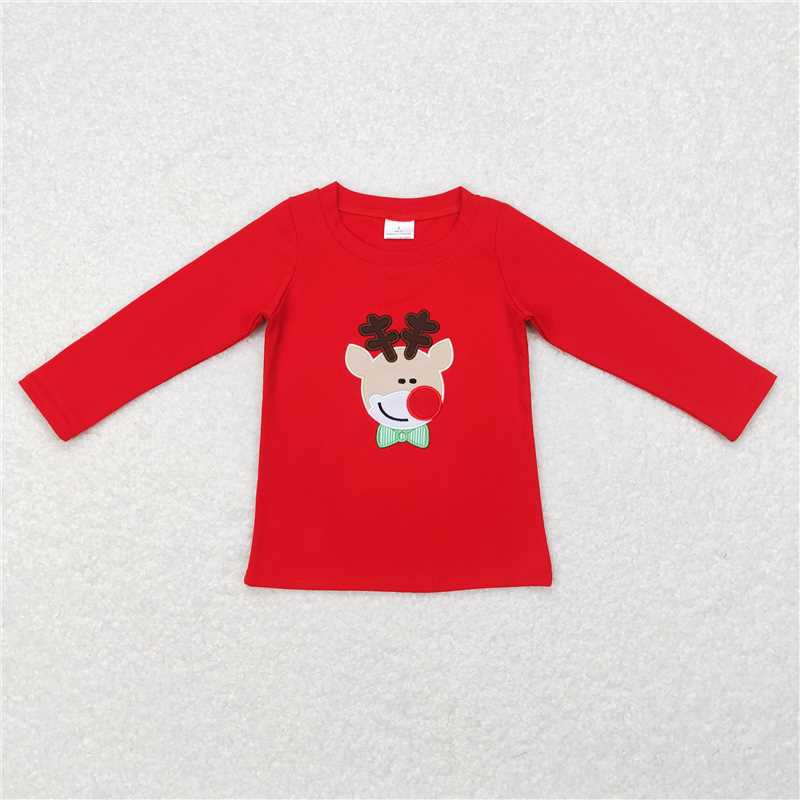 RTS NO MOQ（In Stock ) BT0257 Embroidered Christmas deer red long-sleeved top