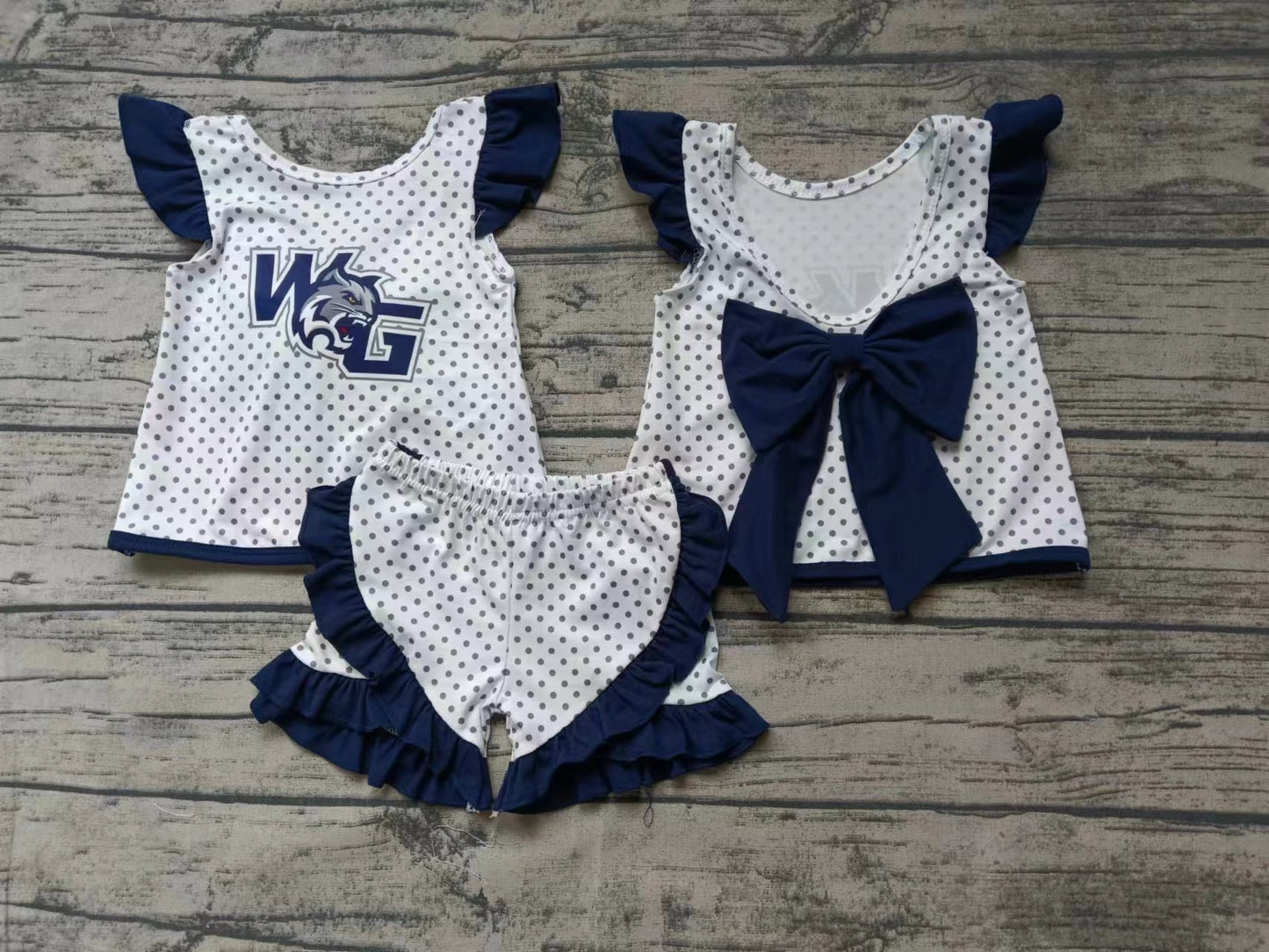 custom moq 5 eta 4-6weeks summer team baby girls clothes team navy blue short sleeve shorts sets