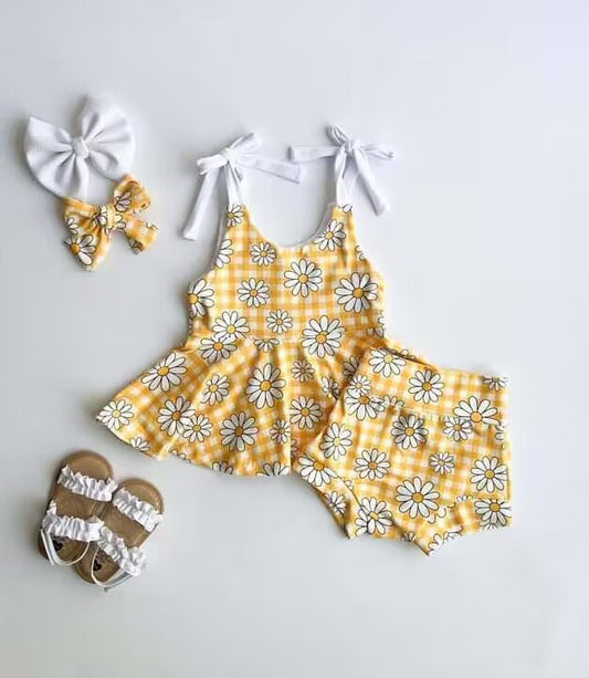 custom moq 5 eta 4-5 weeks baby girls clothes flower yellow suspender briefs summer sets