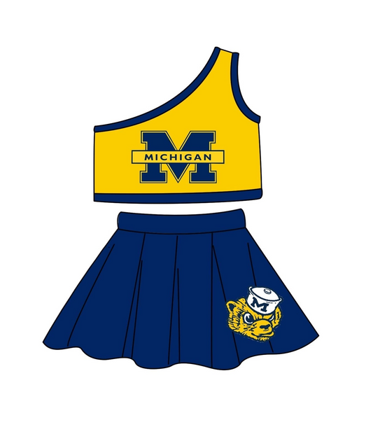 Deadline July 31th close custom no moq  eta 6-7weeks Yellow blue suit cheer sets  cheerleading outfit