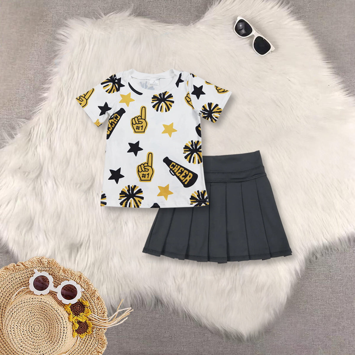 RTS NO MOQ GT0939+GLK0087 cheer black gold fireworks star white short-sleeved top solid black yoga skirt sets