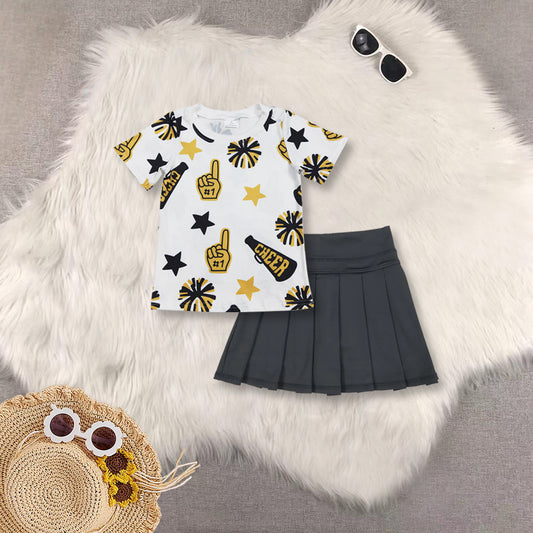 RTS NO MOQ GT0939+GLK0087 cheer black gold fireworks star white short-sleeved top solid black yoga skirt sets