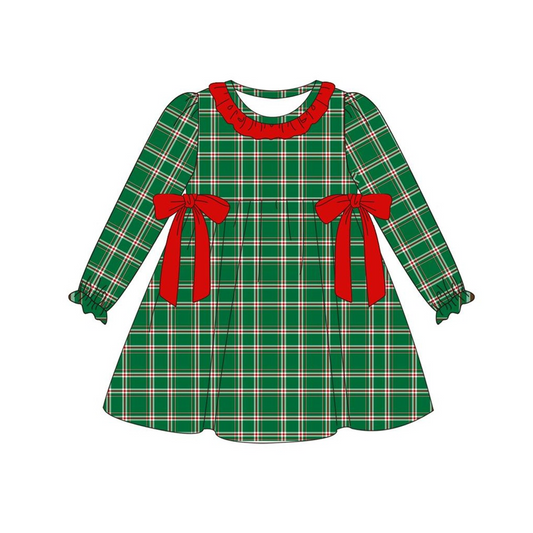 Deadline September 23  custom no moq  eta 6-7weeks Green irregular plaid petal skirt long-sleeved dress with red bow