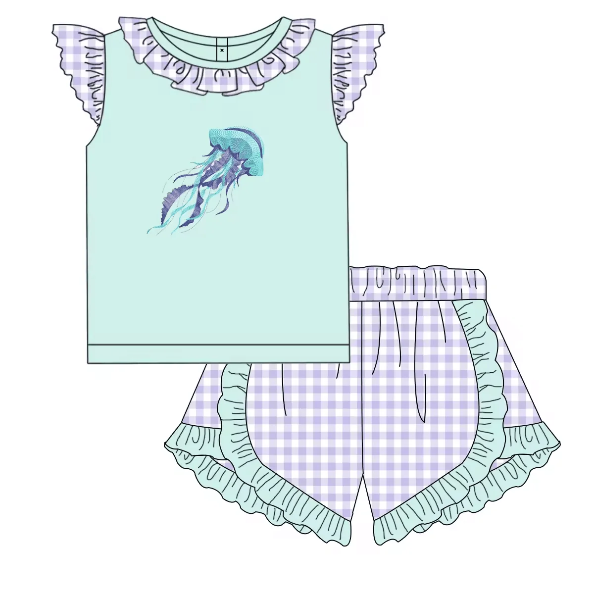 5.10custom each style moq 5eta 4-5week Sibling Sister jellyfish prints blue and purple girls and boys outfits and baby romper match family design