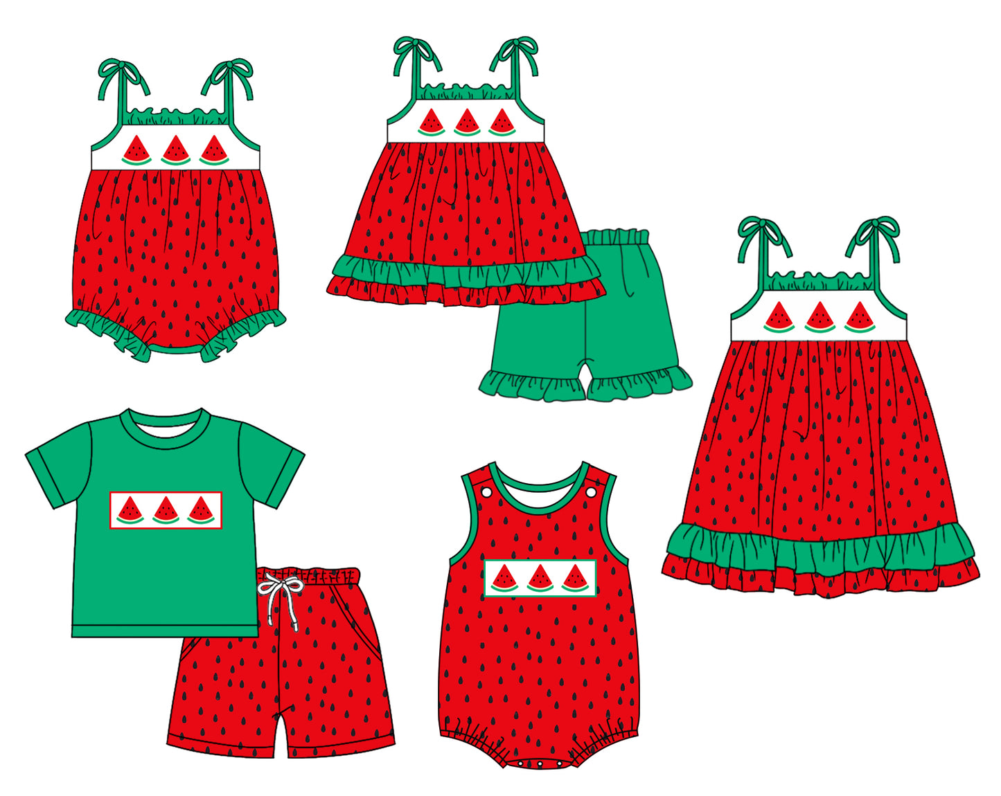 1.17 custom each style moq 5eta 4-6week Sibling Sister watermelon baby girl short sleeve shorts sets and sets 2 and boy romper and girl romper and dress match design