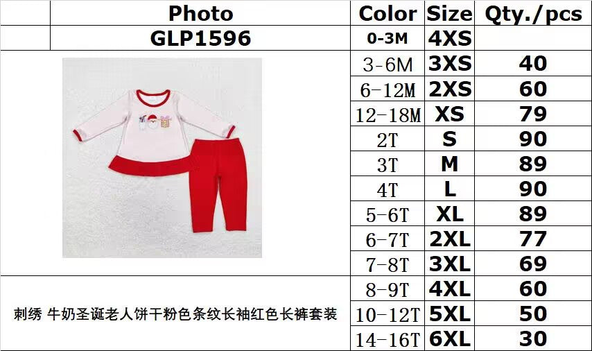 rts no moq GLP1596 embroidery milk Santa Claus cookies pink striped long-sleeved red trousers set