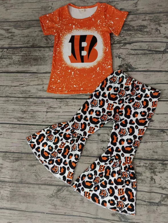 Deadline September  23 custom no moq eta 6-8weeks Letter B Orange Short Sleeve Top-Leopard Print Flared Pants Set