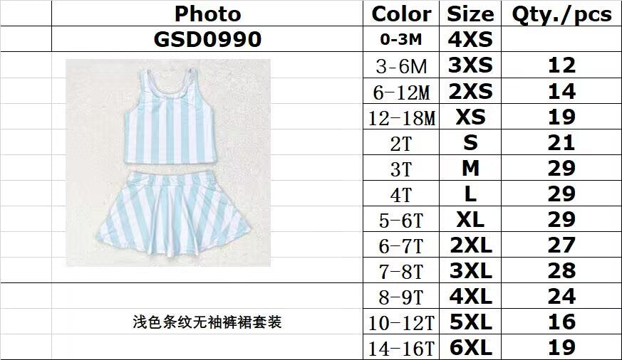 rts no moq GSD0990 Light color striped sleeveless pants skirt set