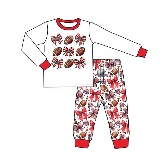 Custom moq 3 eat about 6/8weeks moq 5 eta 5/6weeks baby boys clothes bow rugby white and red long sleeve pants pajamas outfits