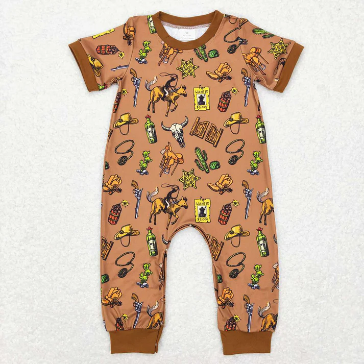 RTS NO MOQ Baby Boys Western Cowboy Hat - Bull Head Pattern Short Sleeve Long Romper