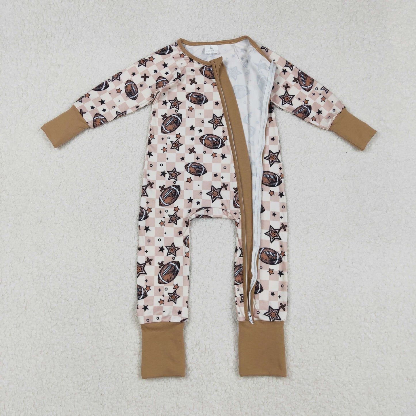 RTS NO MOQ（In Stock) LR2548 Football Star Brown Plaid Zipper Long-Sleeved Bodysuit