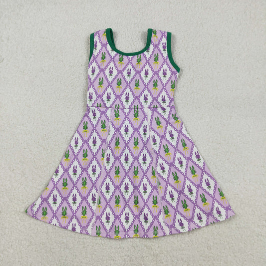 RTS NO MOQ（In Stock) Carnival-themed Lobster-trimmed Plaid Purple-Green Yoga Sleeveless Dress