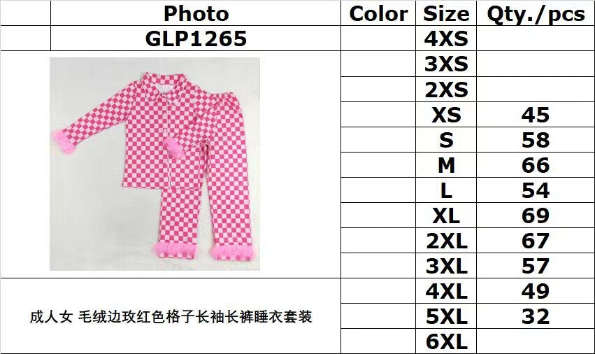 rts no moq GLP1265 Adult Female Plush Edge Rose Red Plaid Long Sleeve Long Pants Pajama Set