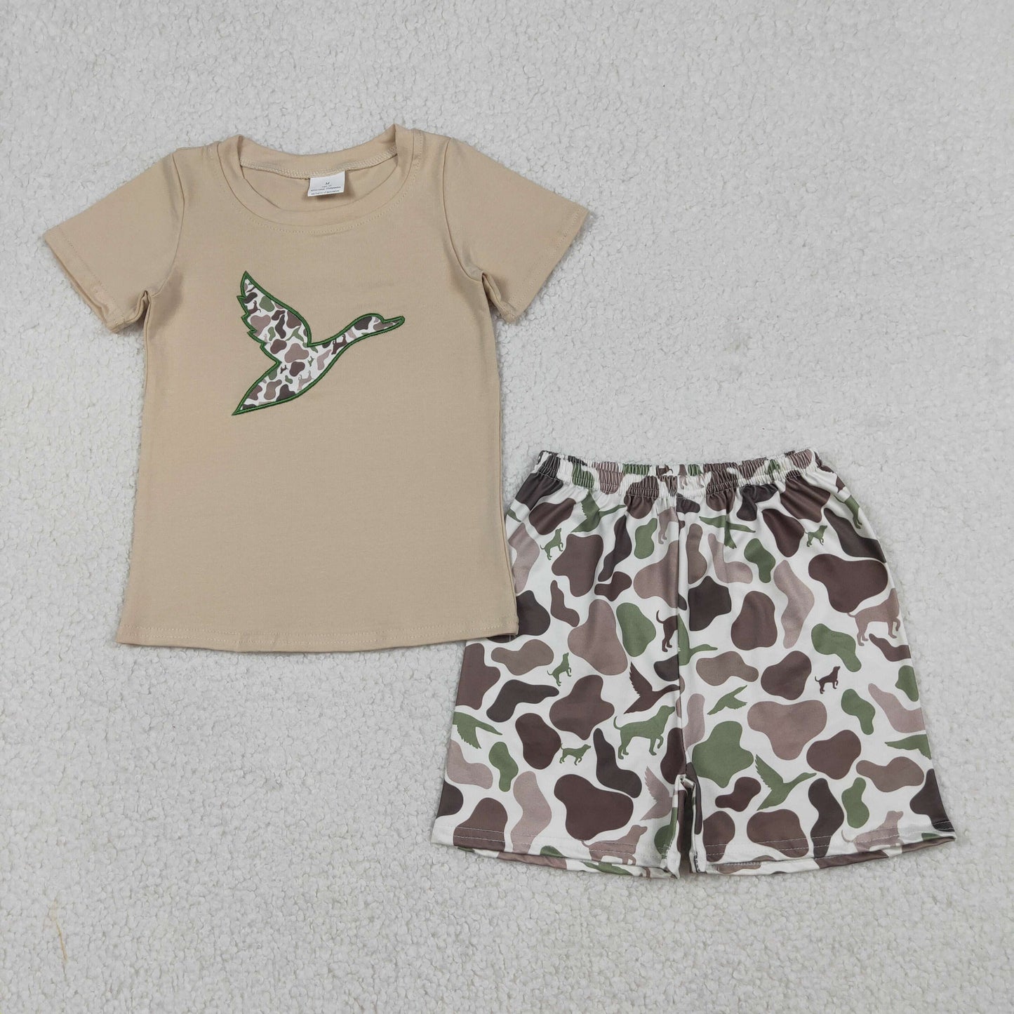 RTS NO MOQ（In Stock) Embroidered Puppy and Duck Camouflage Short-Sleeve Shorts Set