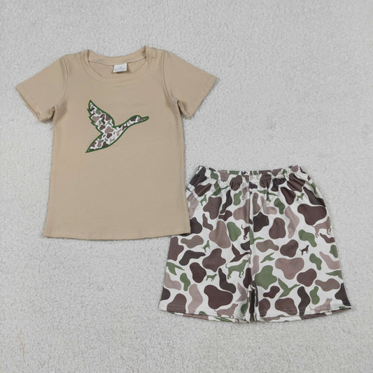 RTS NO MOQ（In Stock) Embroidered Puppy and Duck Camouflage Short-Sleeve Shorts Set