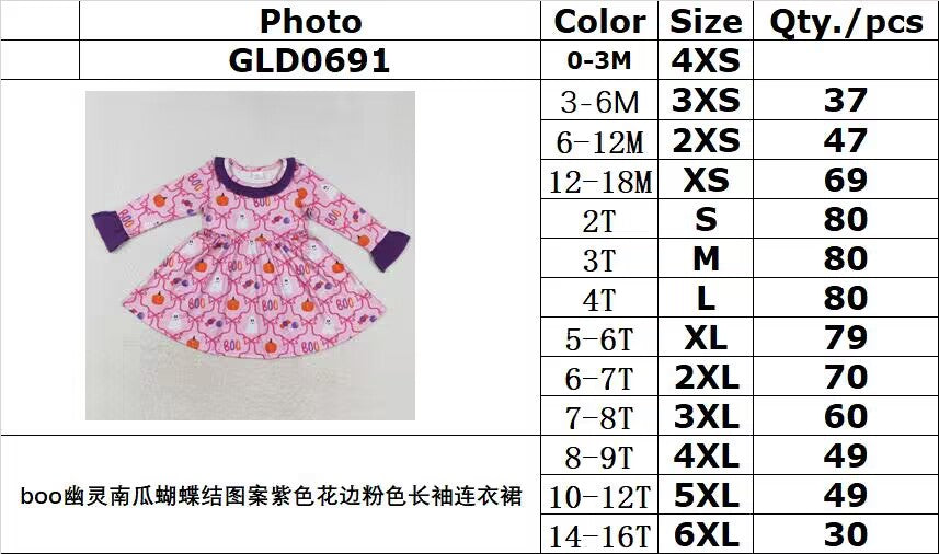 rts no moq GLD0691 boo ghost pumpkin bow pattern purple lace pink long-sleeved dress