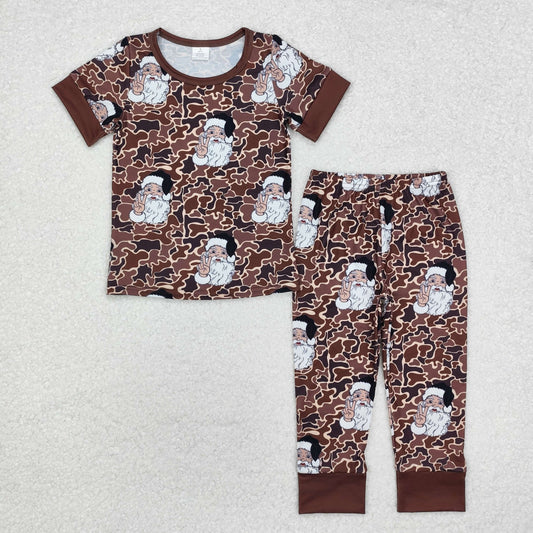 BAMBOO RTS NO MOQ ETA 5/7days BSPO0480 Modal Santa Claus brown camouflage short-sleeved trousers pajama suit