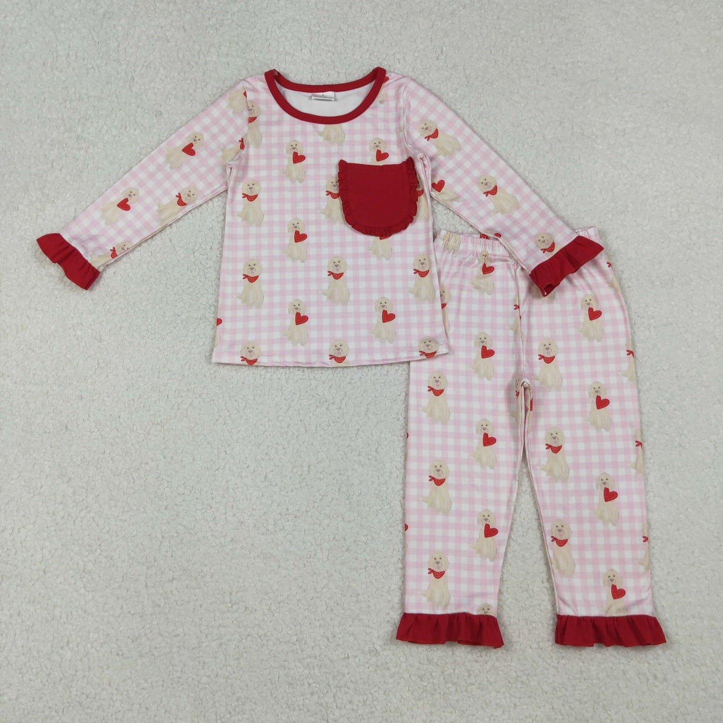 12/18m-7/8t RTS NO MOQ（In Stock) GLP2880 Pink Plaid Long-Sleeved Puppy Heart Red Lace Pocket Pants Set