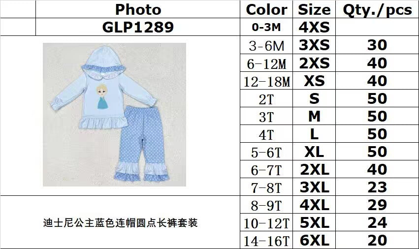 rts no moq GLP1289 Disney Princess Blue Hooded Polka Dot Pants Set