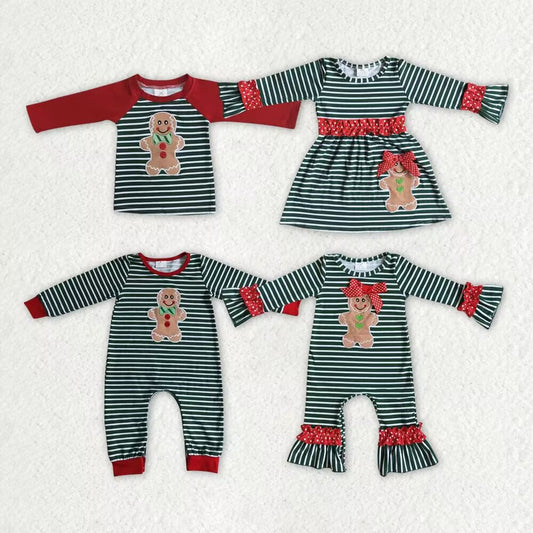 RTS NO MOQ Biscuit Bear Green Striped Long Sleeve Top & Long Sleeve Dress & Long Crawling Suit