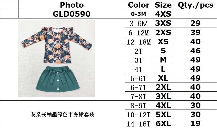 rts no moq GLD0590 Flower long-sleeved dark green skirt suit