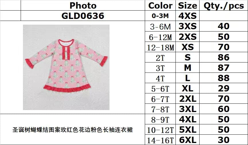 RTS NO MOQ ETA 5/7days arrived GLD0636 Christmas Tree Bow Pattern Rose Red Lace Pink Long Sleeve Dress