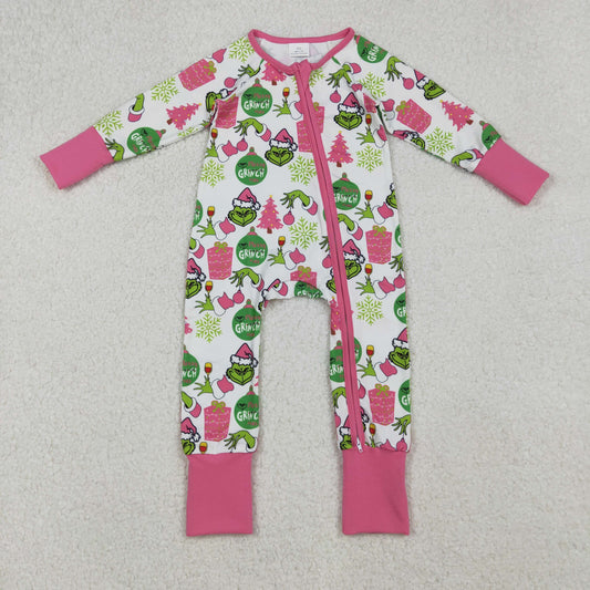 RTS NO MOQ（In Stock) LR2588 Cartoon Christmas Tree Gift Snowflake Rose Red Long-Sleeved Bodysuit with White Zipper