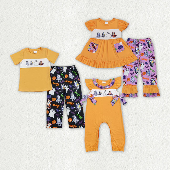 RTS NO MOQ Baby Girls Halloween Dogs Sibling Rompers Clothes Sets