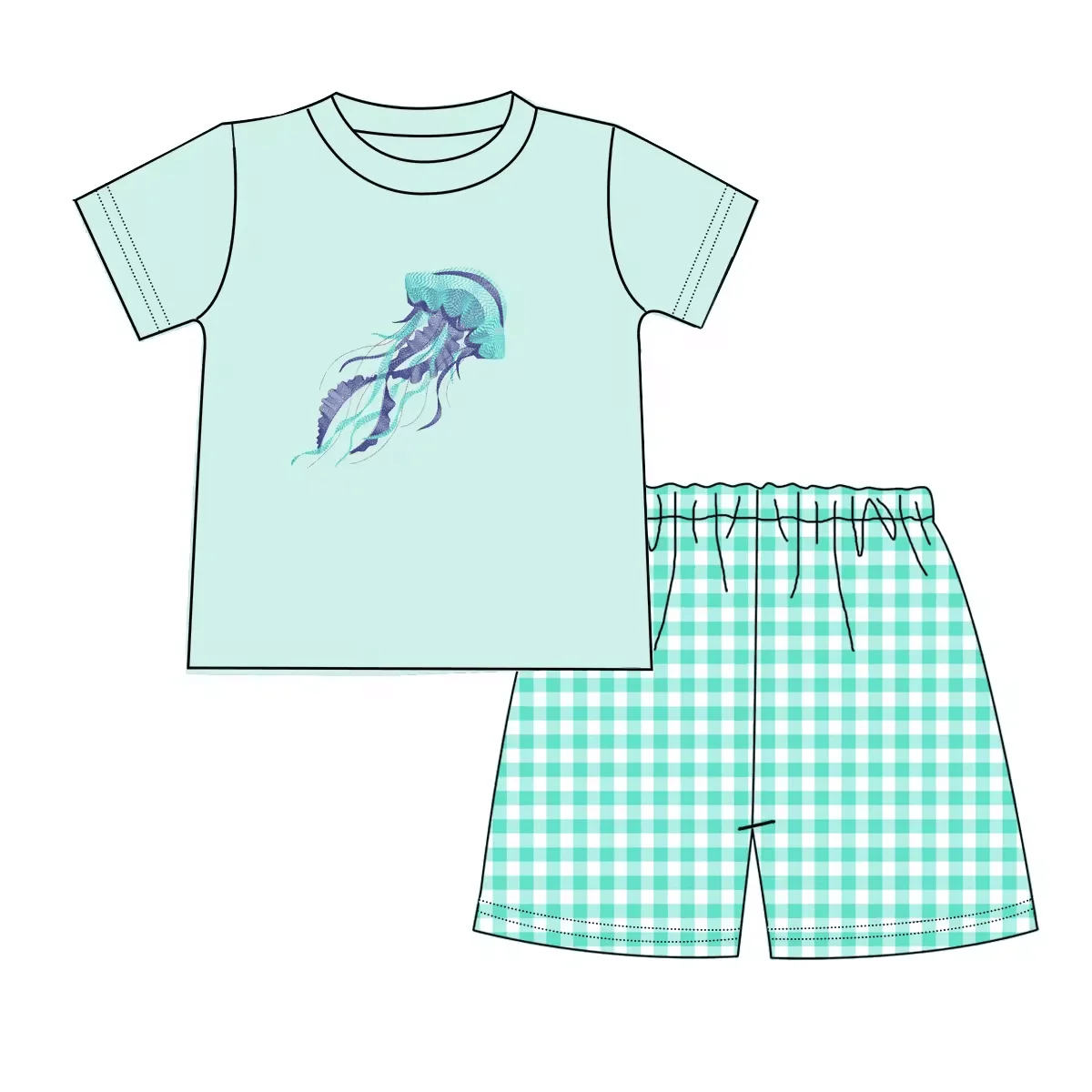 5.10custom each style moq 5eta 4-5week Sibling Sister jellyfish prints blue and purple girls and boys outfits and baby romper match family design