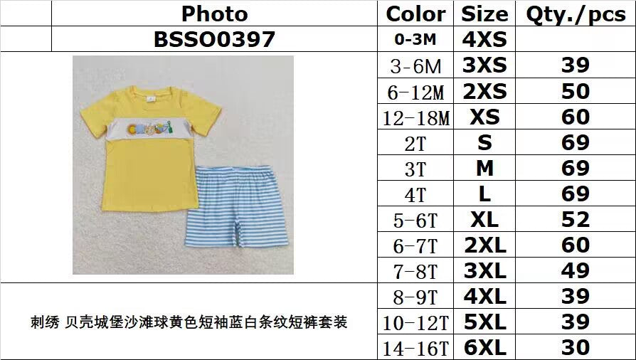 BSSO0397 Embroidery Shell Castle Beach Ball Yellow Short Sleeve Blue and White Striped Shorts Set