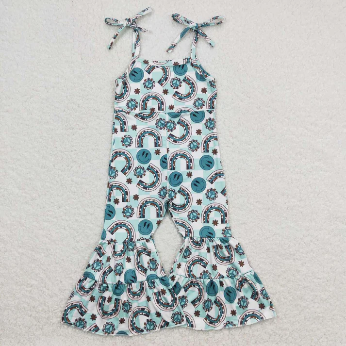 RTS NO MOQ Baby kids green smiley face U-shaped plaid overalls-short-sleeved zipper romper