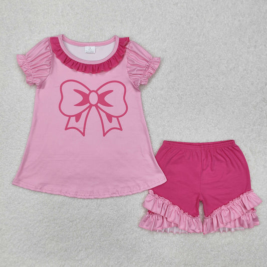 RTS NO MOQ ETA 5/7days Arrived GSSO1531 Bow pattern rose red lace pink short-sleeved shorts set