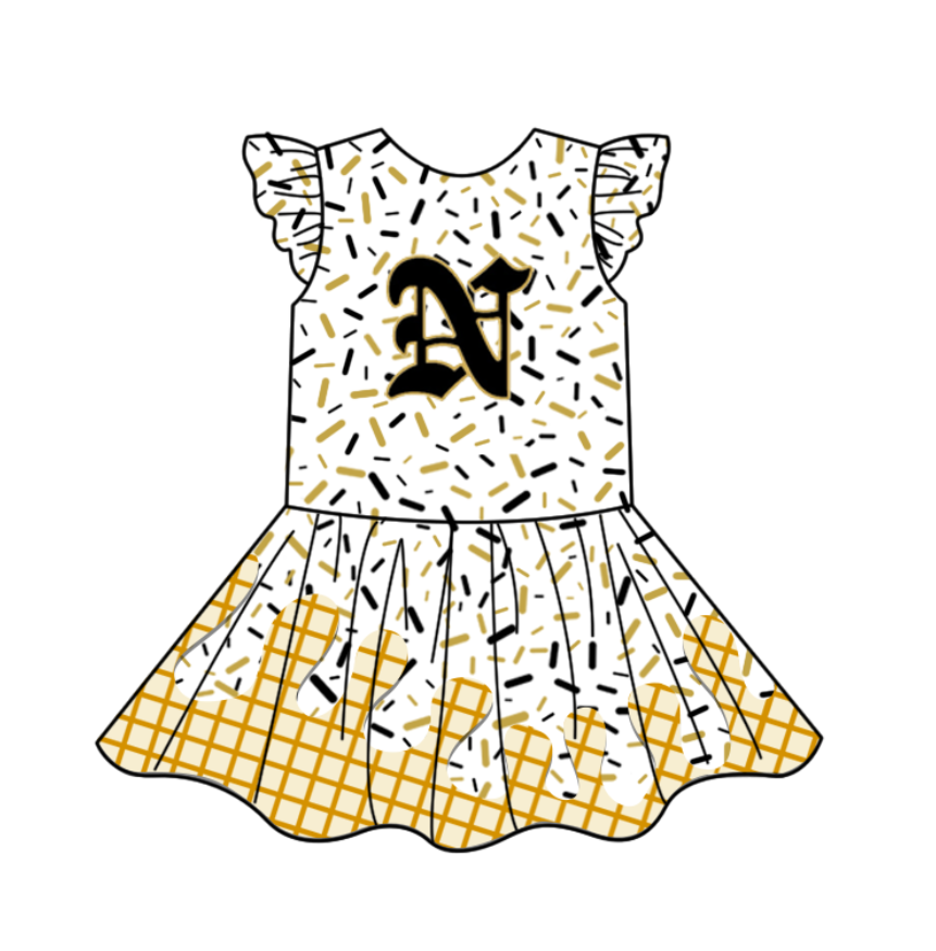 custom moq 3 eta 6-7weeks baby girls clothes team gold flying Sleeves Dress-25.4.29