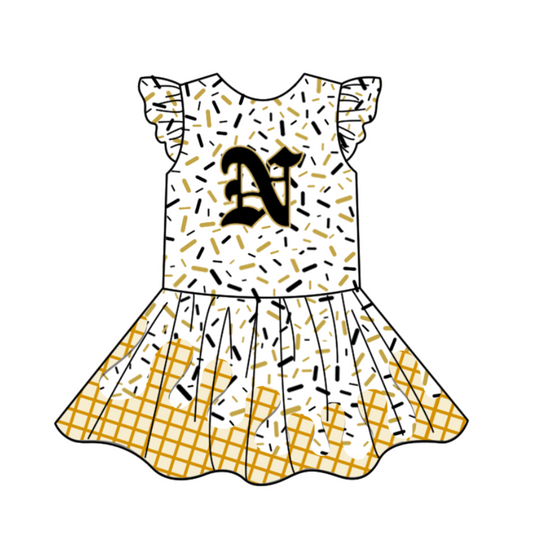 custom moq 3 eta 6-7weeks baby girls clothes team gold flying Sleeves Dress-25.4.29