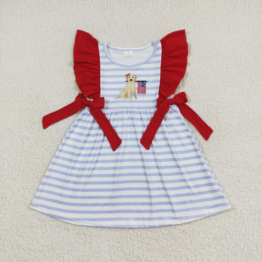 RTS no moq GSD0845 embroidery puppy flag striped red lace bow flying sleeve dress