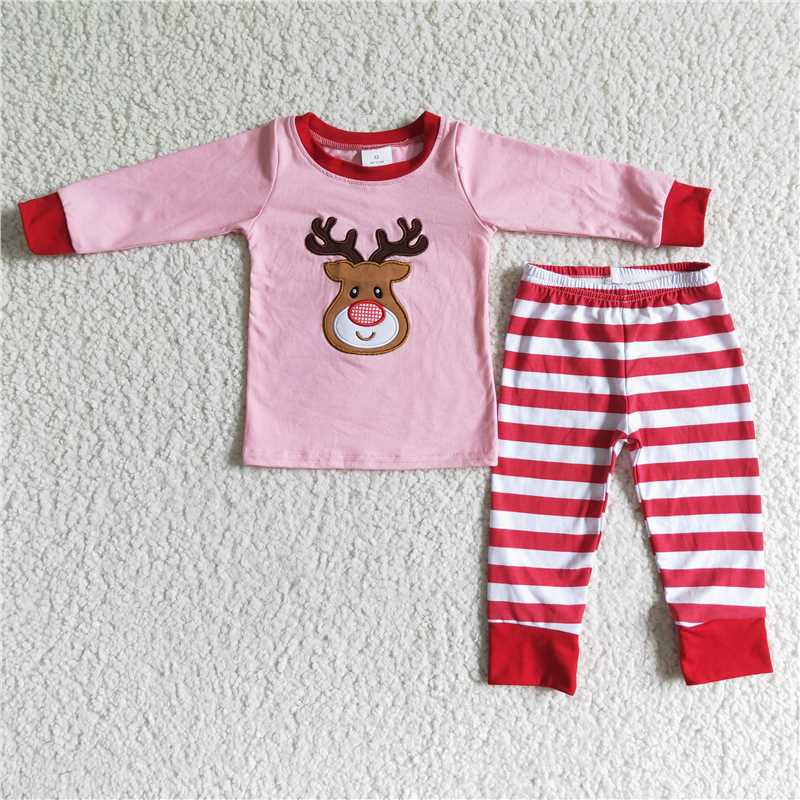 RTS NO MOQ（In Stock) 6 A27-12 Embroidered Christmas deer Long Sleeve Pants Set