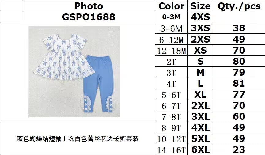 RTS NO MOQ ETA 5/7days Arrived GSPO1688 Blue bow short-sleeved top and white lace trousers set