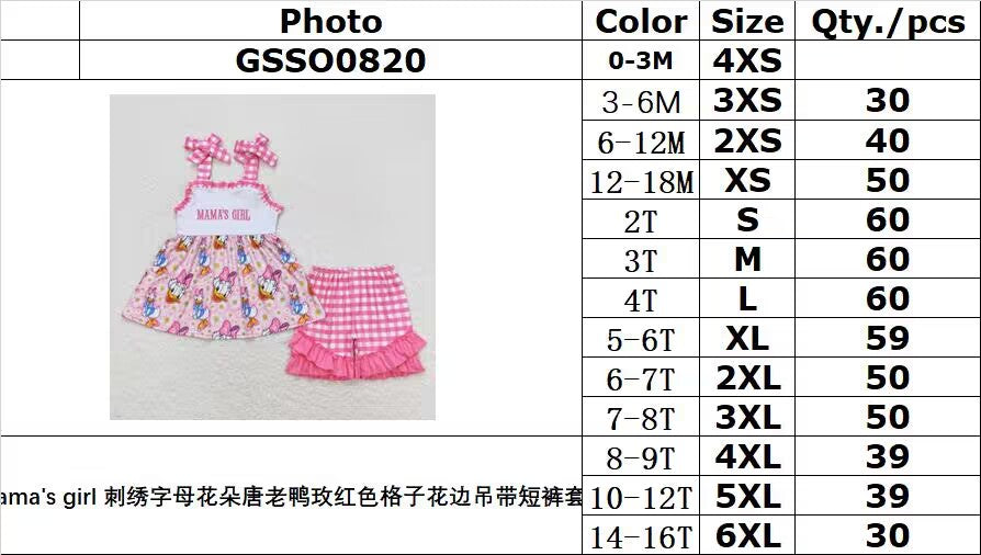 GSSO0820 mama's girl embroidered letter flowers Donald Duck rose red plaid lace suspender shorts suit