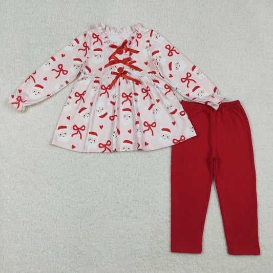 RTS NO MOQ（In Stock) GLP2642 Pink long-sleeved pantsuit with red Santa Claus heart and bow pattern