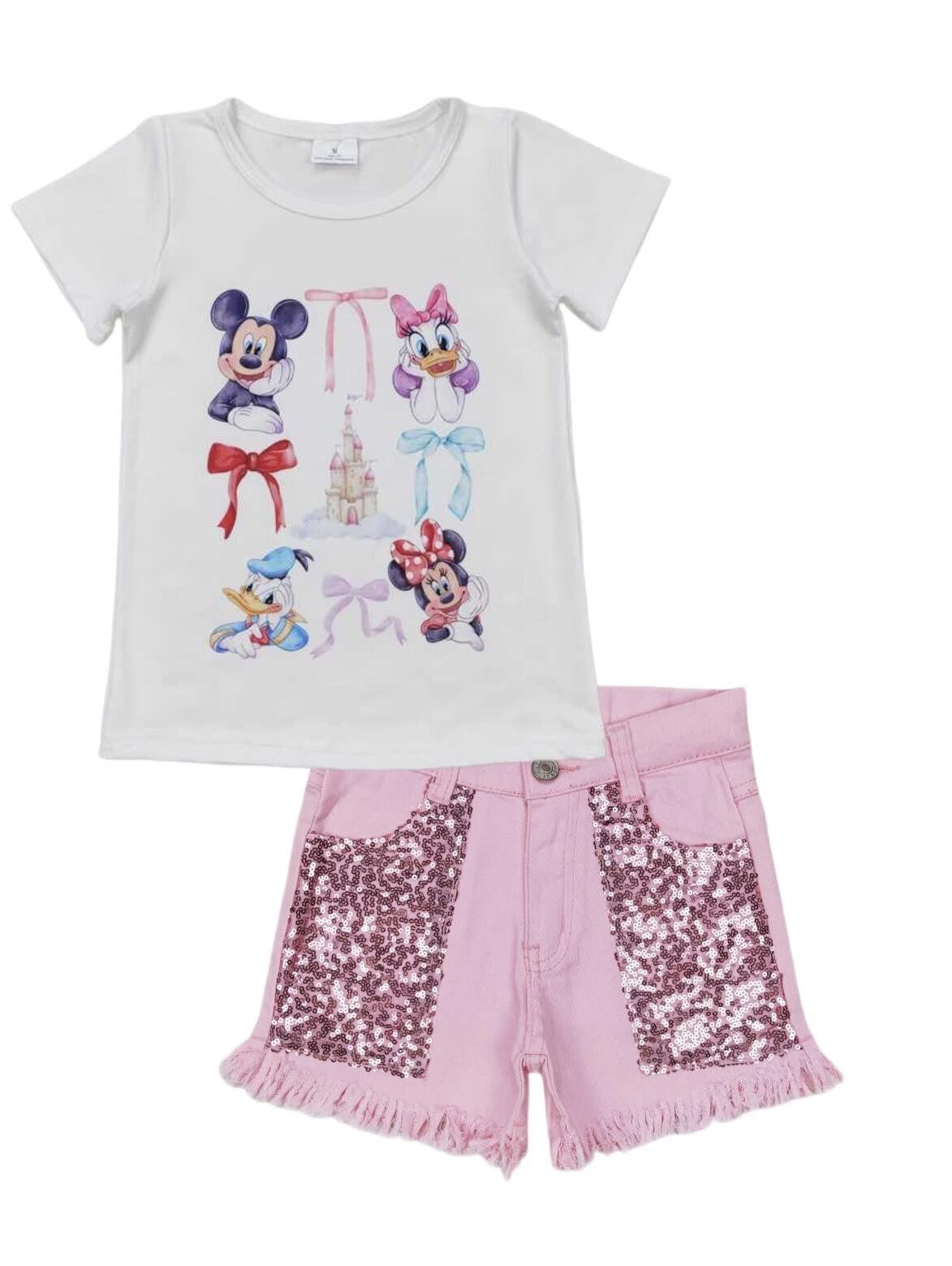 RTS NO MOQ GT0570+SS0230 Mickey Minnie Donald Duck Castle Bow Short Sleeve Top in White Pink Sequin Denim Shorts sets