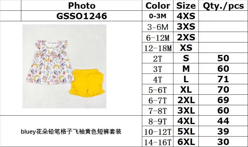 rts no moq GSSO1246 bluey flower pencil plaid flying sleeve yellow shorts set