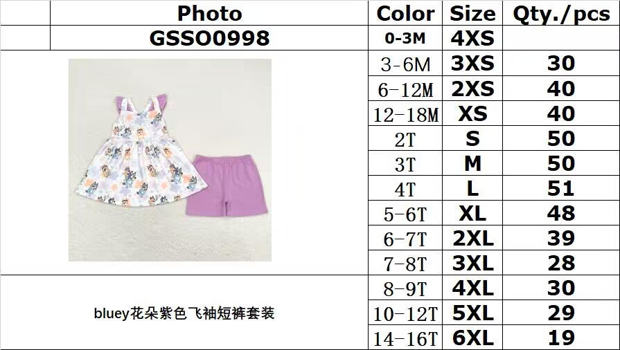 rts no moq GSSO0998 bluey flower purple flying sleeve shorts suit