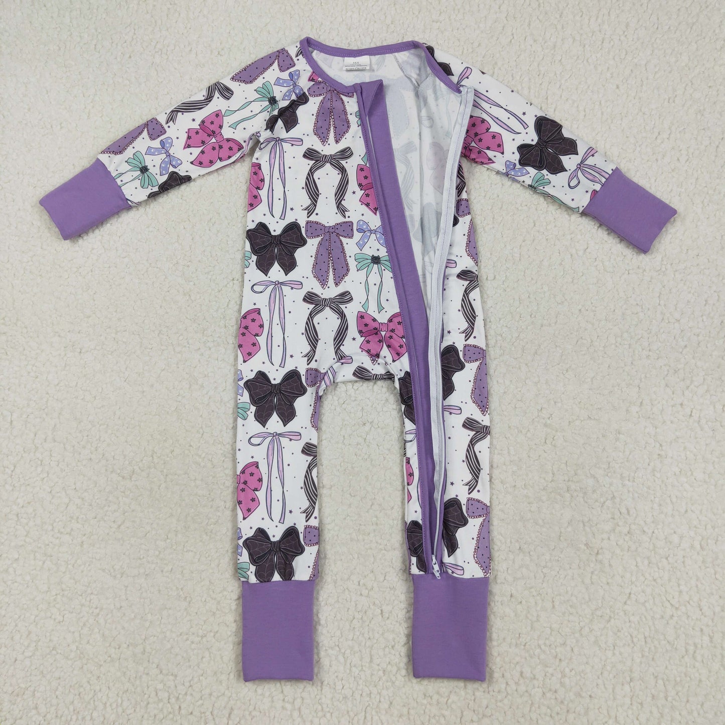 RTS NO MOQ（In Stock) LR2358 Purple long-sleeved zip-up bodysuit with Halloween bow pattern