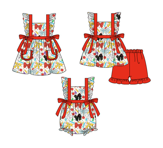 1.7 custom each style moq 5eta 4-6week Sibling Sister bow baby girl short sleeve shorts sets and dress and rompers match family design