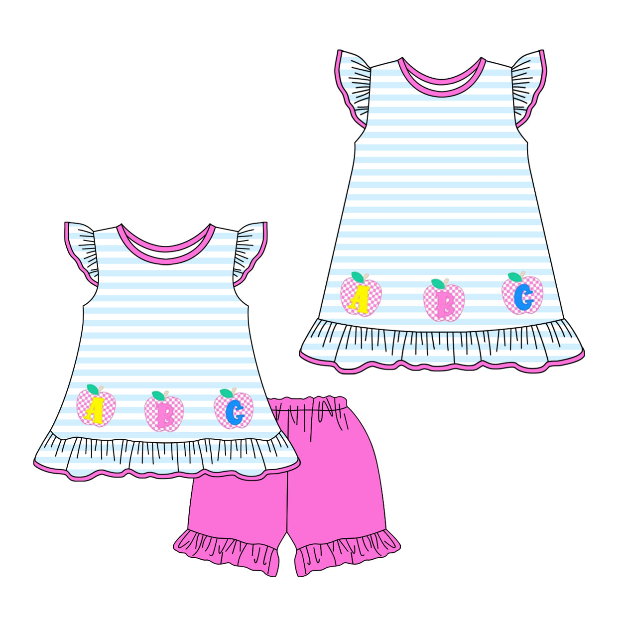 1.17 custom each style moq 5eta 4-6week Sibling Sister back to school baby girl short sleeve shorts sets and dresses match design