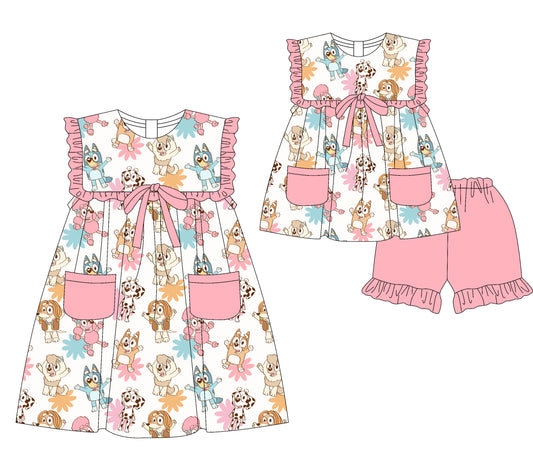 3.17 custom each style moq 5eta 4-6week Sibling Sister cartoon dog baby girl short sleeve shorts sets and dresses match design
