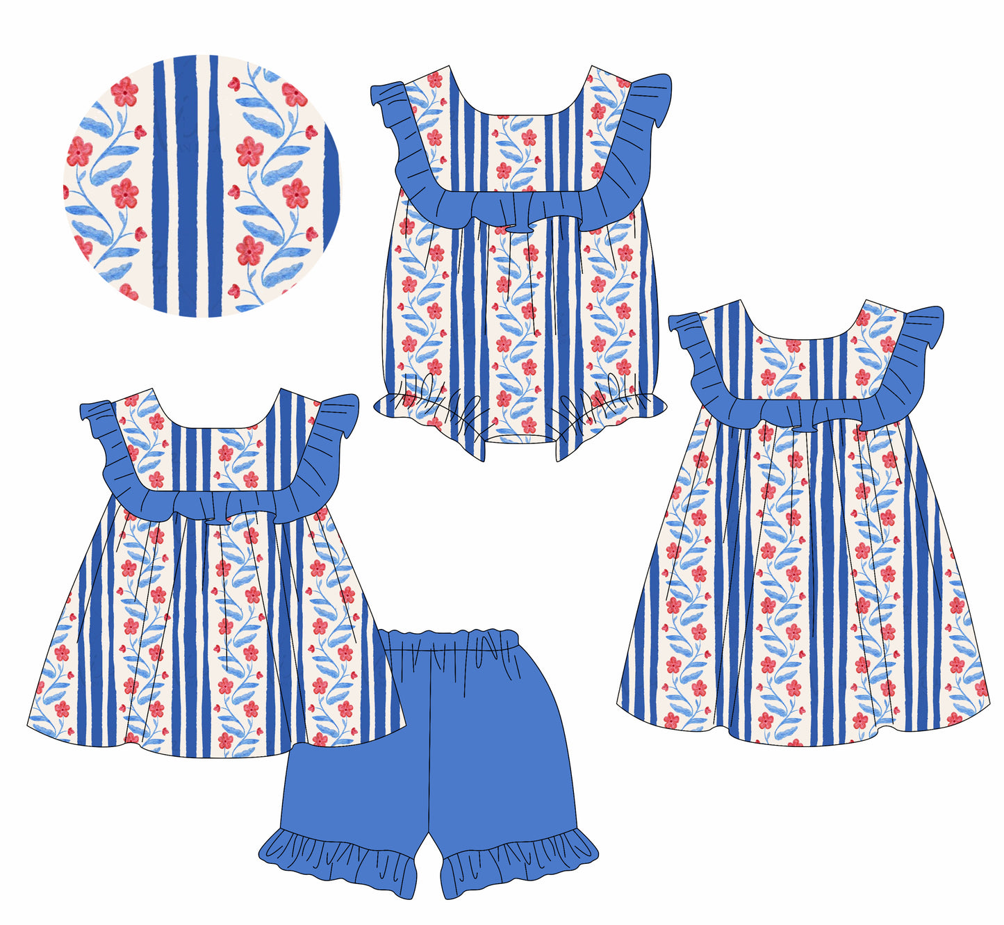 1.24 custom each style moq 5eta 4-6week Sibling Sisters baby girl short sleeve shorts sets and dress and rompers match family design