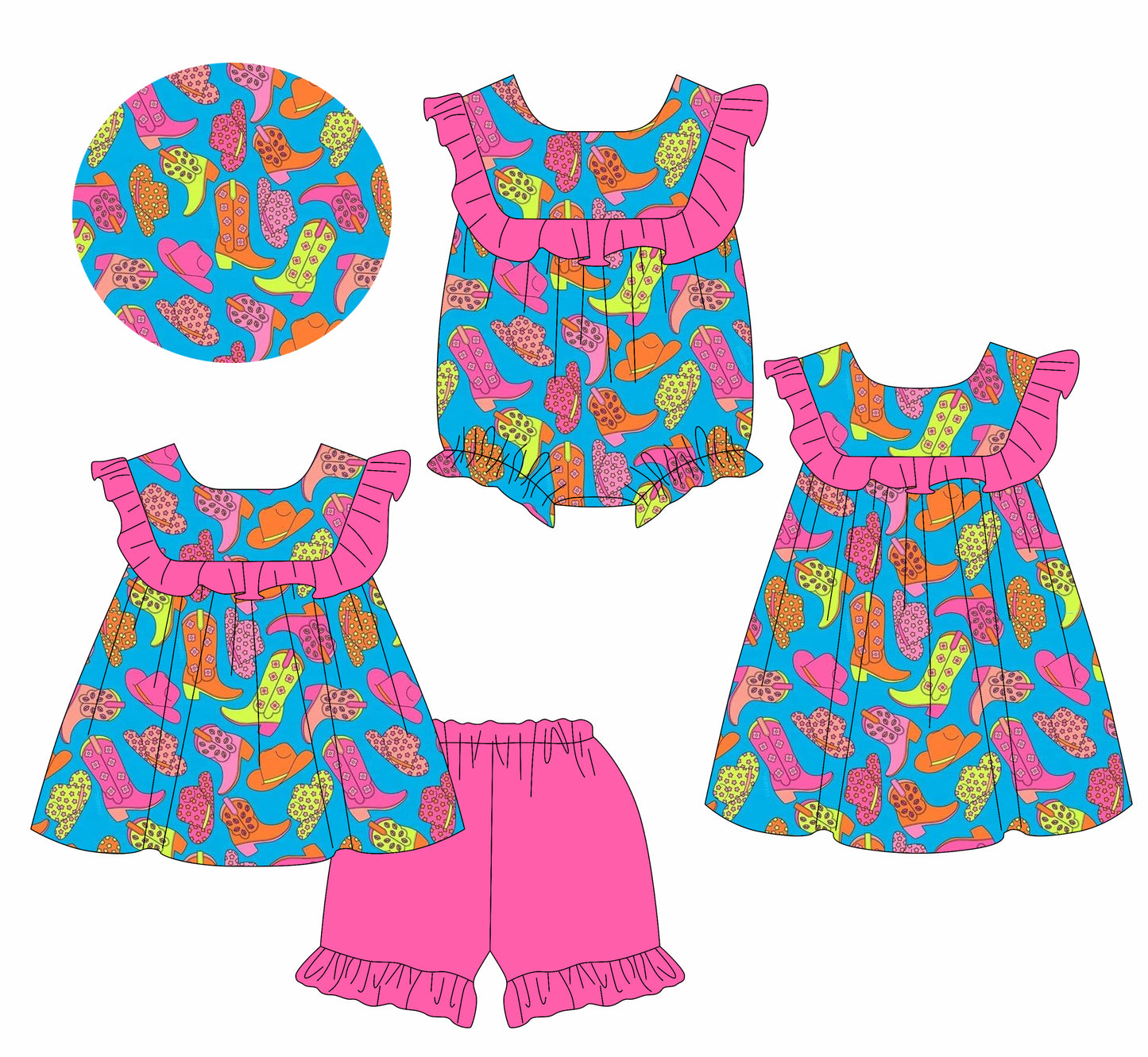 1.23 custom each style moq 5eta 4-6week Sibling Sisters boot hat baby girl short sleeve shorts sets and dress and rompers match family design