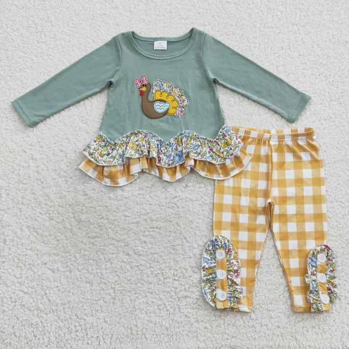 RTS NO MOQ Sibling Baby girls clothes embroidery turkey long-sleeved trousers suits